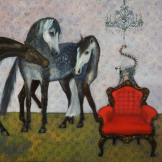 Dappled horses, monkey, red chair and chandelier, mixed media