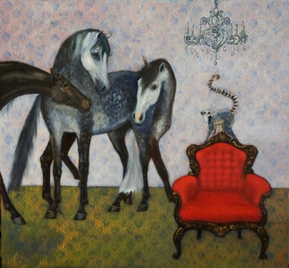 Dappled horses, monkey, red chair and chandelier, mixed media