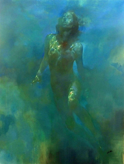 Female nude swimming upwards under water