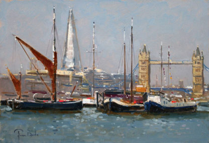 Barges, thames, tower bridge and the shard, oil.