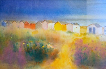 Beach huts and grassy dunes, watercolour