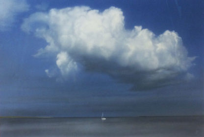 Yacht in the distance under gathering storm cloud, acrylic.