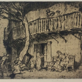 Outside view, people, bench and tree, etching