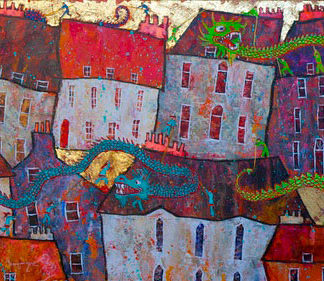 Houses and chinese dragons, acrylic and gold leaf