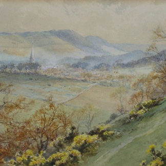 View across valley, dorking church, watercolour.