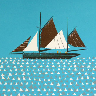 Five sail boat, figures, silk screen.