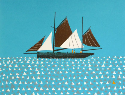 Five sail boat, figures, silk screen.