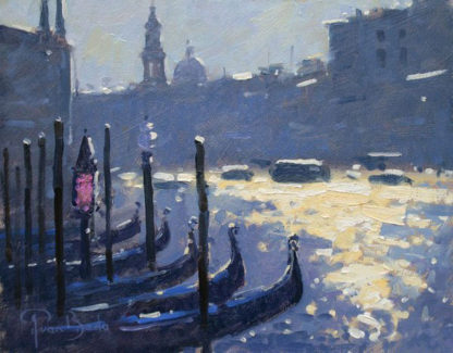 Venice skyline, gondolas, dawn, oil.