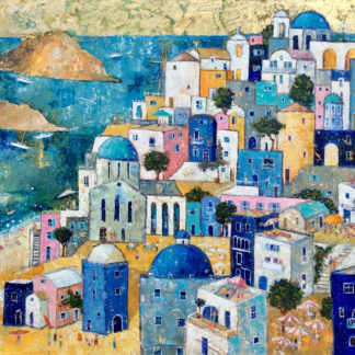 Town overlooking sea with islands, cafes and yachts, oil