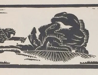 Stylised landscape with tree and hill, woodcut