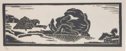 Stylised landscape with tree and hill, woodcut