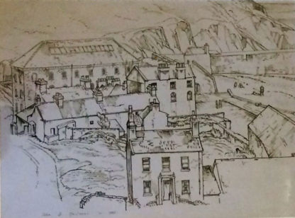 View from high location, laxey harbour and cliffs, pen and ink
