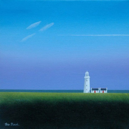 White lighthouse, green fields, sea & big sky with vapour trail, acrylic.
