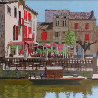 View across river of cafe with red shutters, acrylic.