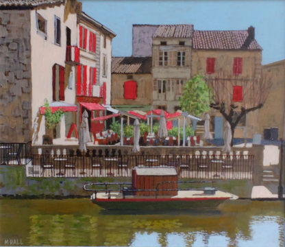 View across river of cafe with red shutters, acrylic.