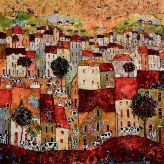 Townscape with cows, oil