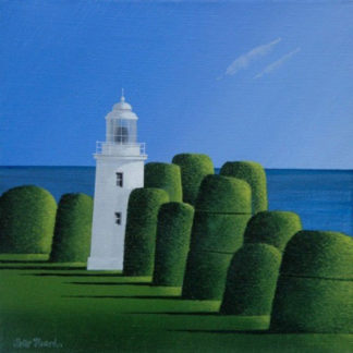White lighthouse, sea, sky and topiary, acrylic.