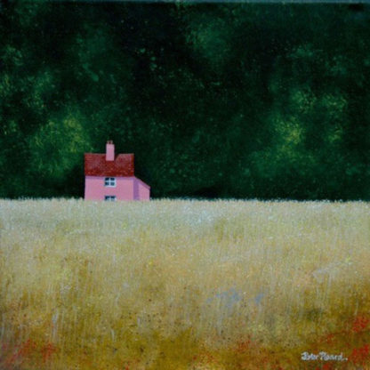 Golden field, small suffolk-pink cottage, green trees, acrylic.