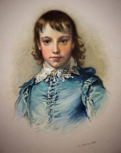 Boy, head and upper body dressed in period blue, watercolour