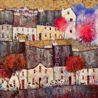 Townscape, red trees, horses, pigs, cows and chickens, gold leaf, oil