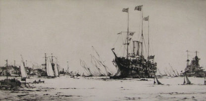 Port, royal yacht victoria moored offshore, etching