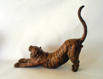 Tiger, stretching with tail in the air, bronze resin