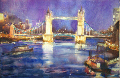 Tower Bridge and view of the Thames at night, watercolour