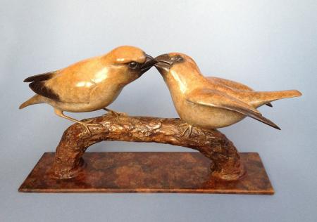 Sculpture of hawfinch and juvenile, bronze