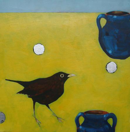 Blackbird, sixpence and blue jug against yellow and blue background, acrylic