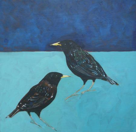 Two starlings against background of blues, acrylic