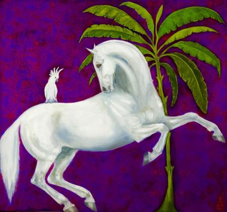 White horse, cockatoo, tree with purple background, mixed media