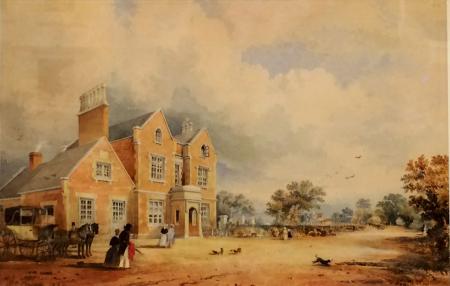 Outside view with people, horse and carriage, watercolour