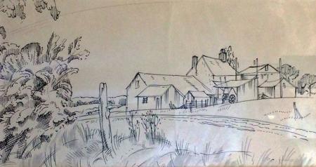 Farm building view with empty cart, pen and ink