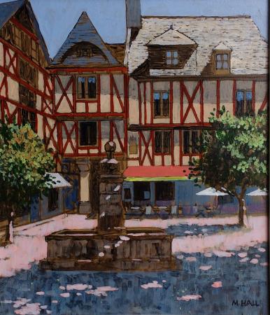 Old picturesque buildings, square, brittany, shady, acrylic.