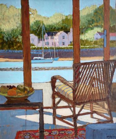 View through window, chair, bowl of fruit, harbour and 2 yachts, acrylic.