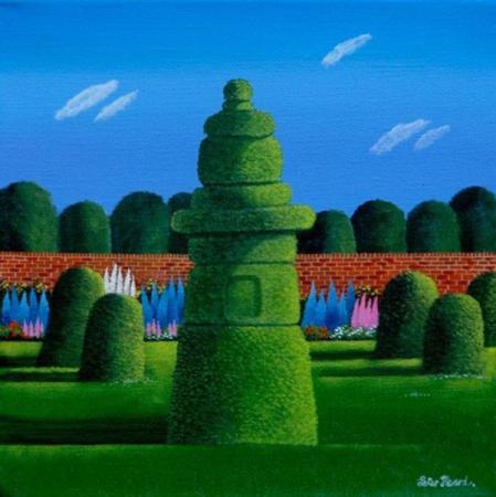Walled garden, topiary and topiary trees beyond, acrylic.