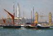 Barges, thames, tower bridge and the shard, oil.