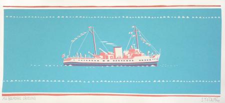 Steam liner on the water, silk screen.