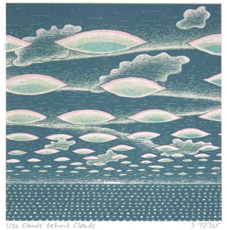 Layers of clouds, perspective, sea, silk screen.