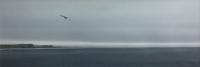 Sea and coastline, lone seagull flying, acrylic.